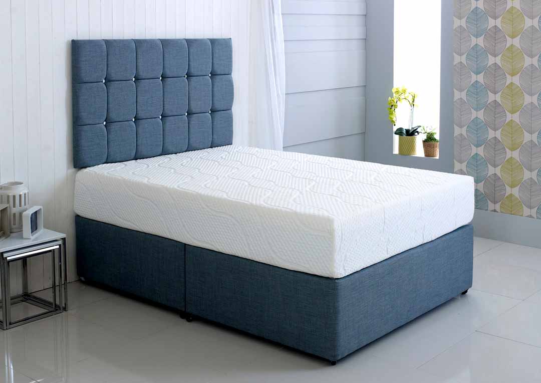 Hybrid Cool Blue Foam Mattress, on a divan in a bedroom
