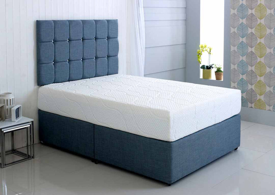 Hybrid Cool Blue Foam Mattress, on a divan in a bedroom