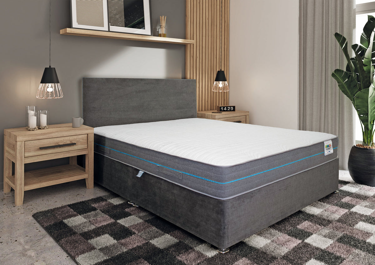 Gel Ortho Support Mattress, in a bedroom setting, blue piping