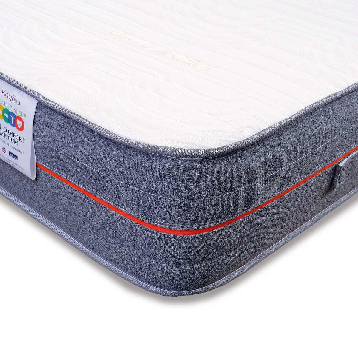 Gel Comfy Tension Relief Mattress, corner and red piping