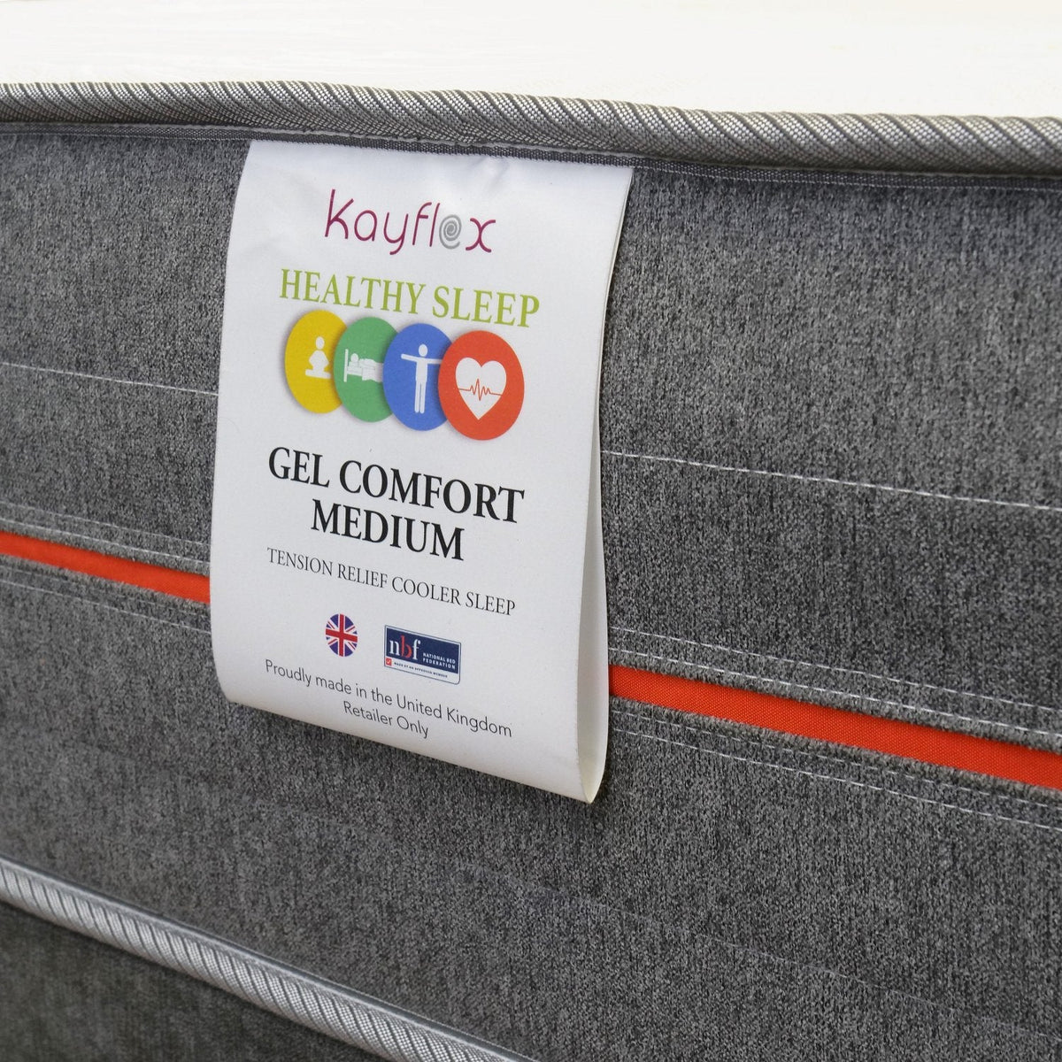 Gel Comfy Tension Relief Mattress, Gel Comfort label close-up