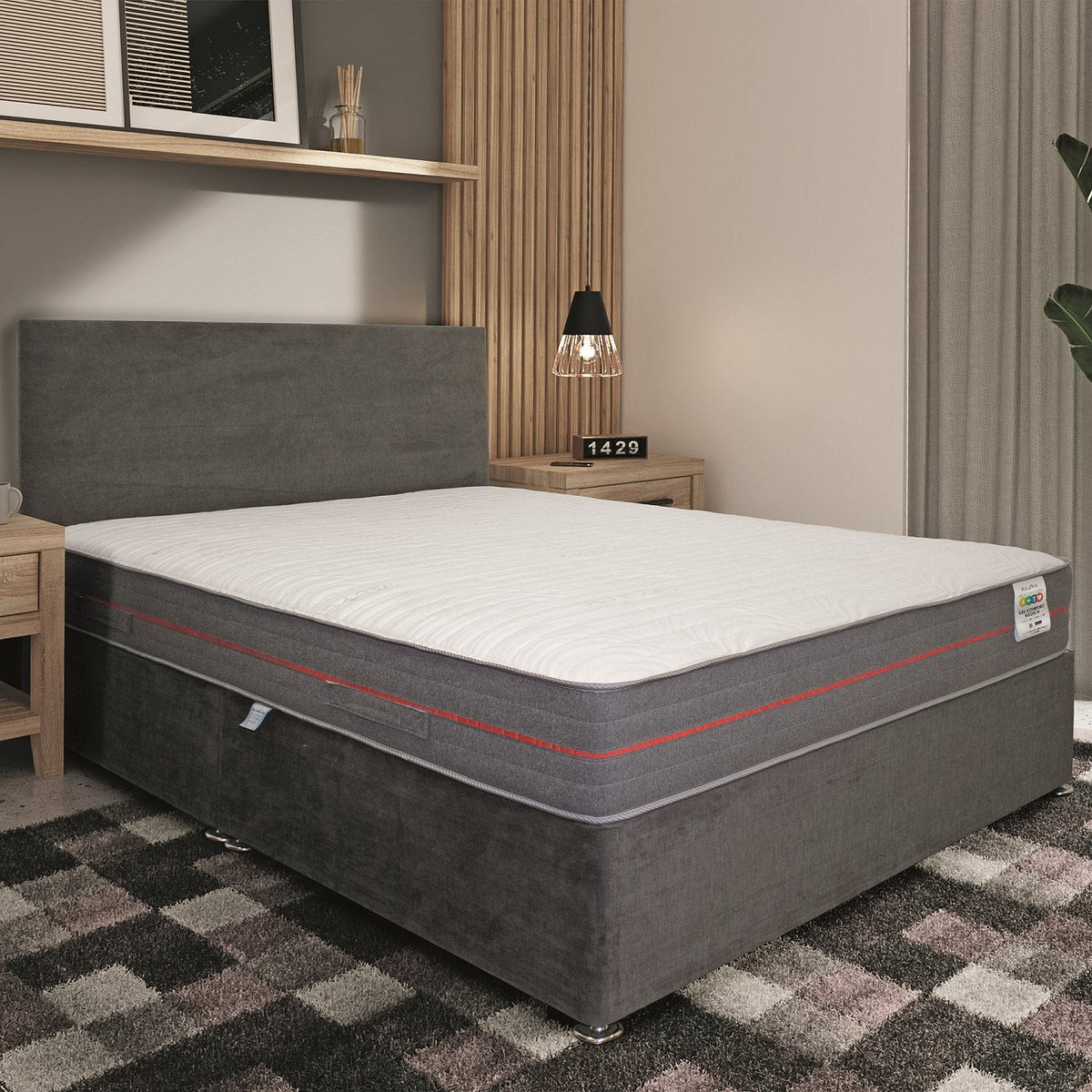 Gel Comfy Tension Relief Mattress, in a bedroom setting, red piping